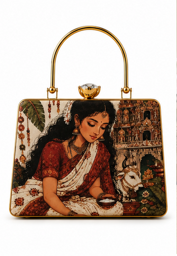 Traditional Indian Art Handbag – Handcrafted Rajasthani Woman Design Clutch with Golden Handle