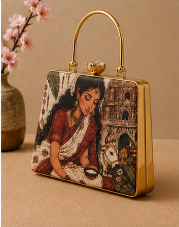 Traditional Indian Art Handbag – Handcrafted Rajasthani Woman Design Clutch with Golden Handle