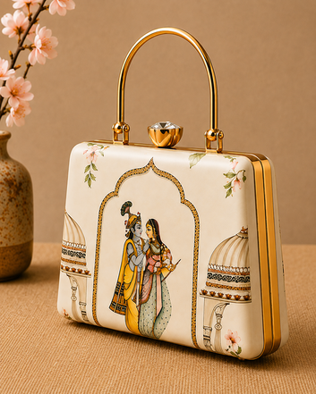 Krishna & Radha Traditional Art Box Clutch – Elegant Indian Designer Handbag