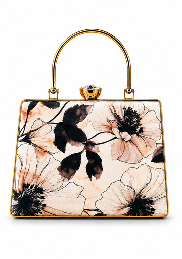 Elegant Floral Print Handbag – Black & Cream Flower Design with Gold Handle