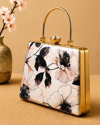 Elegant Floral Print Handbag – Black & Cream Flower Design with Gold Handle