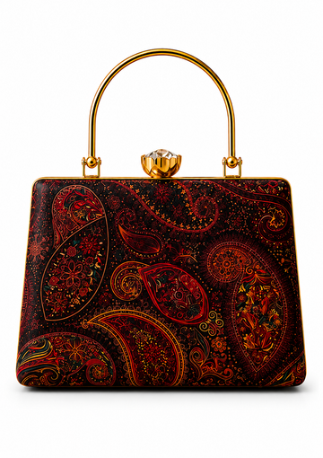 Handcrafted Paisley Print Handbag – Elegant Black & Red Gold Handle Clutch