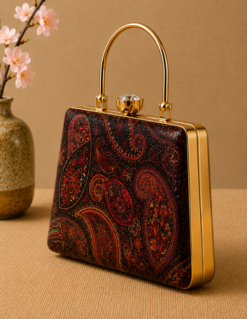Handcrafted Paisley Print Handbag – Elegant Black & Red Gold Handle Clutch