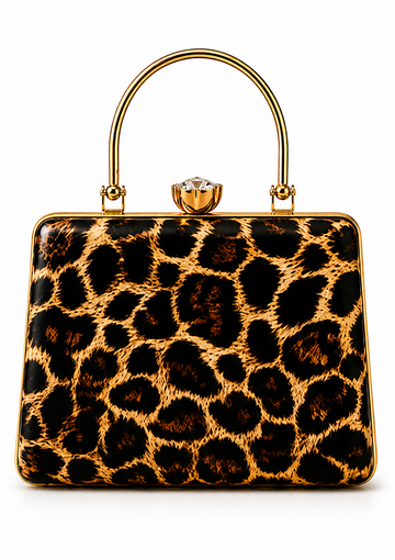 Leopard Print Handcrafted Handbag – Luxury Gold Handle Statement Clutch