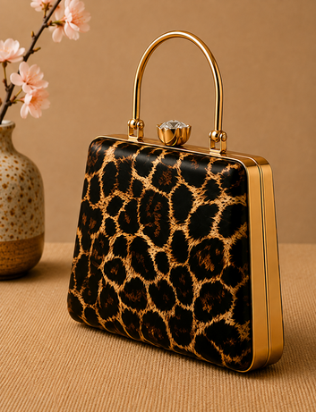 Leopard Print Handcrafted Handbag – Luxury Gold Handle Statement Clutch