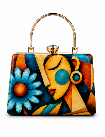 Abstract Woman & Flower Art Box Clutch – Colorful Contemporary Designer Handbag