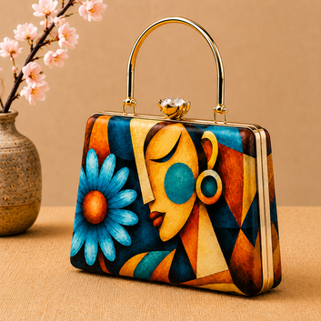 Abstract Woman & Flower Art Box Clutch – Colorful Contemporary Designer Handbag