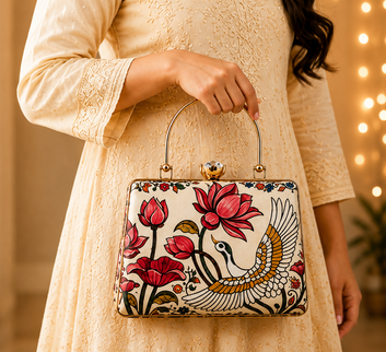 Lotus & Crane Art Box Clutch – Elegant Handcrafted Indian Designer Handbag