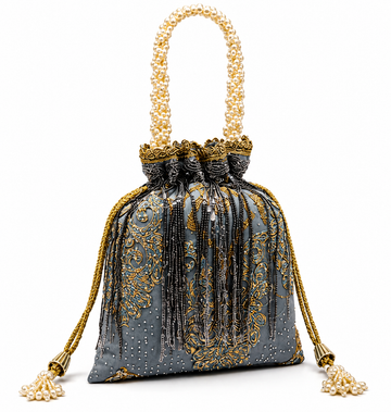 Royal Blue & Gold Embroidered Pearl Handle Potli Bag – Designer Party Clutch
