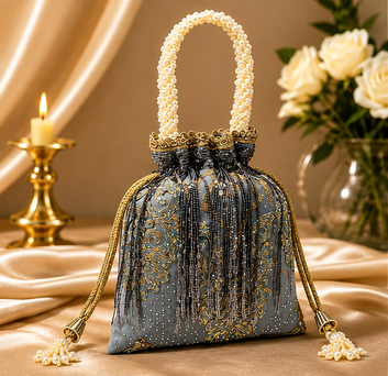 Royal Blue & Gold Embroidered Pearl Handle Potli Bag – Designer Party Clutch
