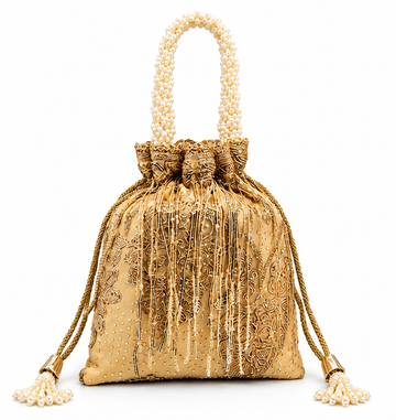 Champagne Gold Embroidered Pearl Handle Potli Bag – Elegant Designer Party Clutch