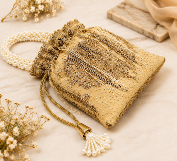 Champagne Gold Embroidered Pearl Handle Potli Bag – Elegant Designer Party Clutch
