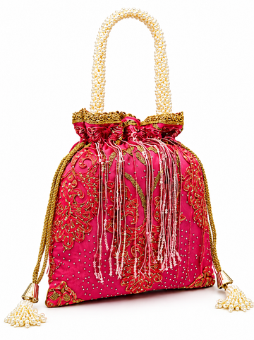 Ruby Pink Embroidered Pearl Handle Potli Bag – Designer Festive Clutch