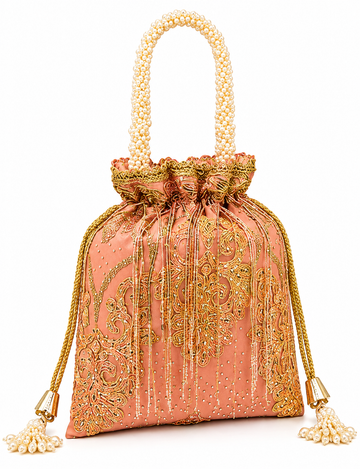 Peach Pink Embroidered Pearl Handle Potli Bag – Elegant Designer Festive Clutch