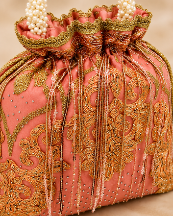 Peach Pink Embroidered Pearl Handle Potli Bag – Elegant Designer Festive Clutch