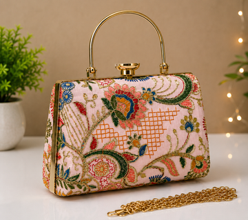 Pink Floral Embroidered Handcrafted Frame Clutch Bag