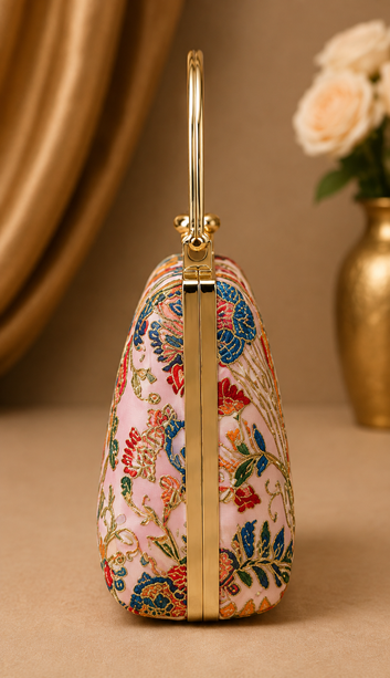 Pink Floral Embroidered Handcrafted Frame Clutch Bag