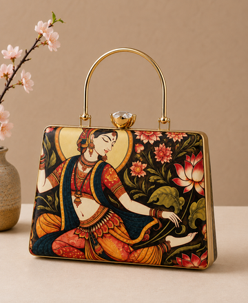 Royal Indian Art Handbag – Elegant Gold Frame Statement Bag