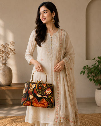 Royal Indian Art Handbag – Elegant Gold Frame Statement Bag