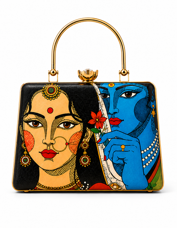 Radha Krishna Hand-Painted Art Box Clutch – Traditional Indian Designer Handbag