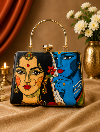 Radha Krishna Hand-Painted Art Box Clutch – Traditional Indian Designer Handbag